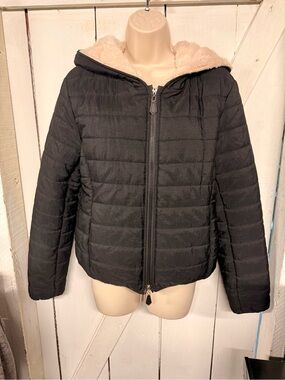 Black Quilted Hooded Jacket with Beige Faux Fur Lining